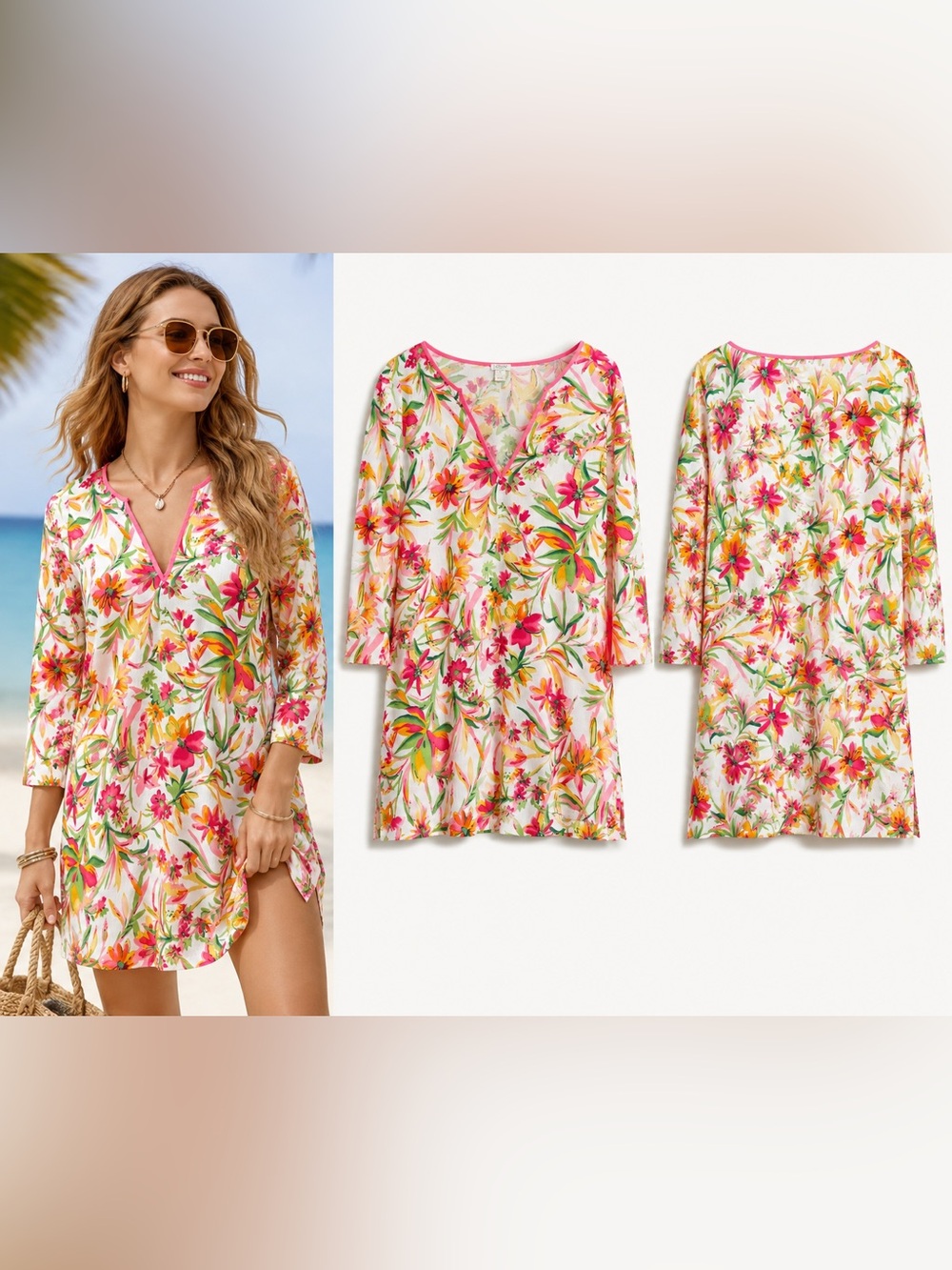 J.Crew Floral Tissue Tunic Swim Cover Up Pink Orange Beach Top XL